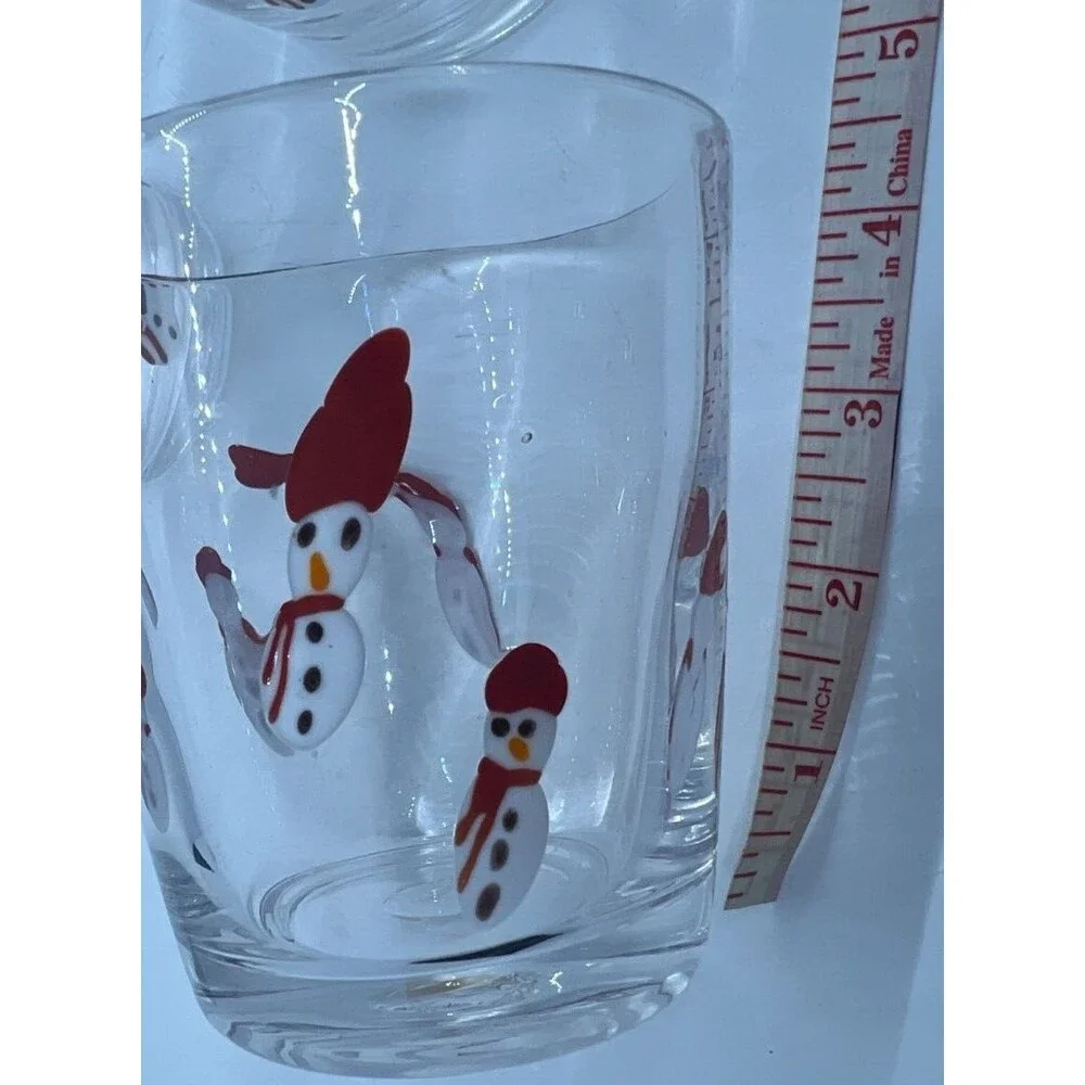 3 Crate & Barrel Hand Blown Tumbler Snowmen Holiday Double Rocks 12oz Glasses
